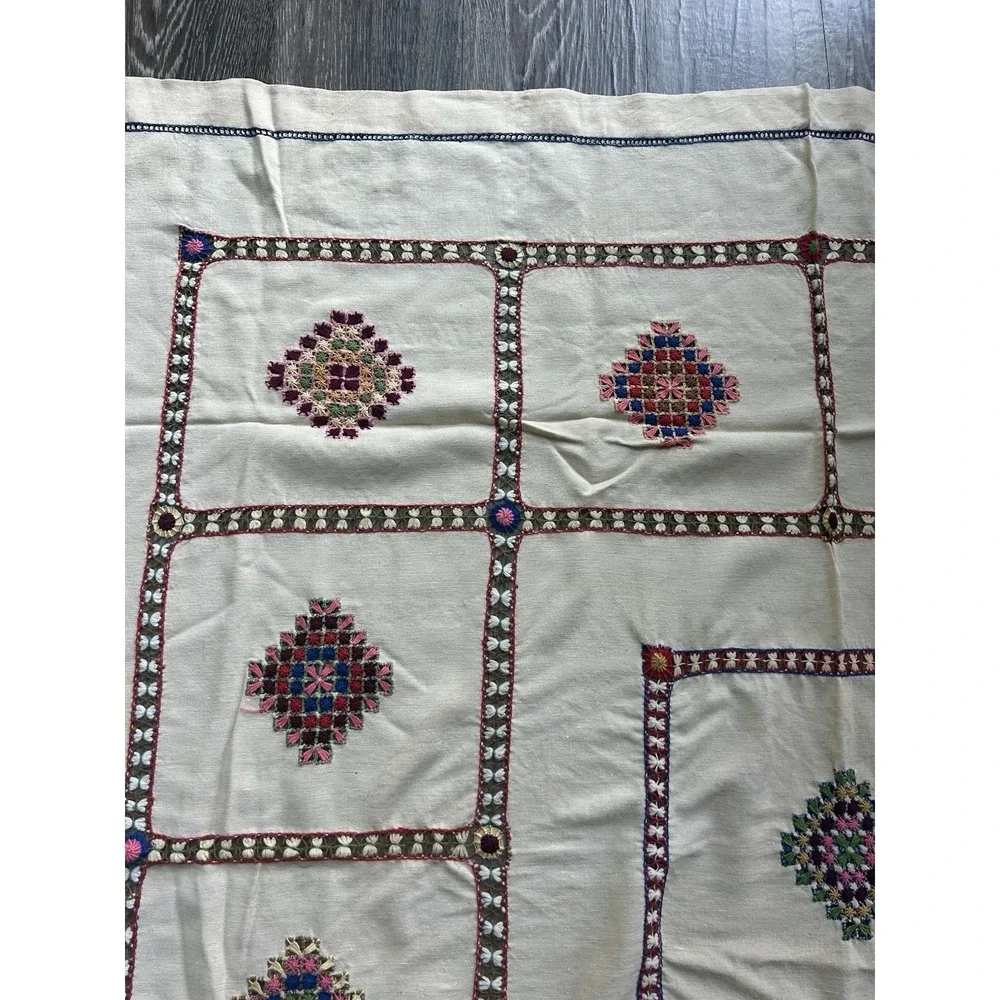 Vintage Hand Embroidered Colorful Tapestry Traditional Czech Slovak 45x48 Boho
